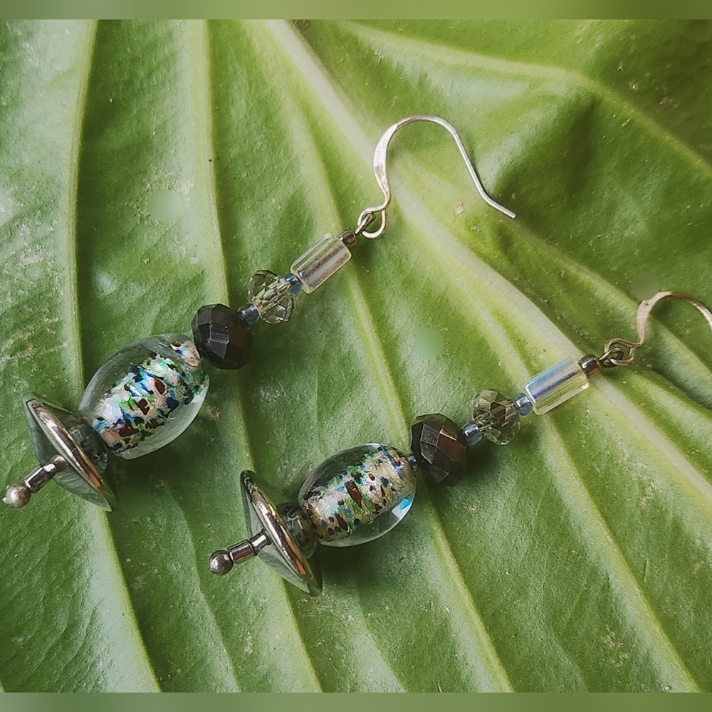 Art Glass Earrings, Chrome-plated Saucer Beads Blue Green Silver Black Clear NEW